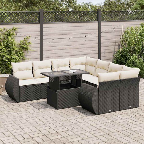 vidaXL 9 Piece Garden Sofa Set with Cushions Black Poly Rattan