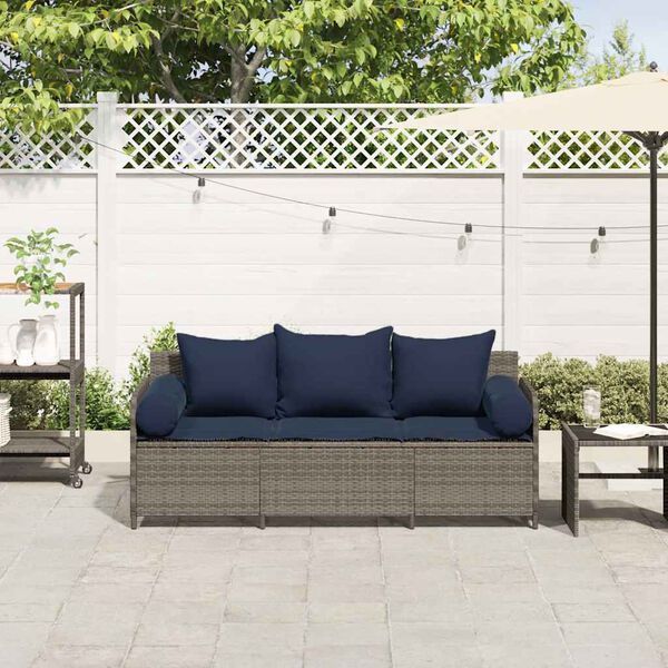 vidaXL Garden Sofa with Cushions 3-Seater Grey Poly Rattan