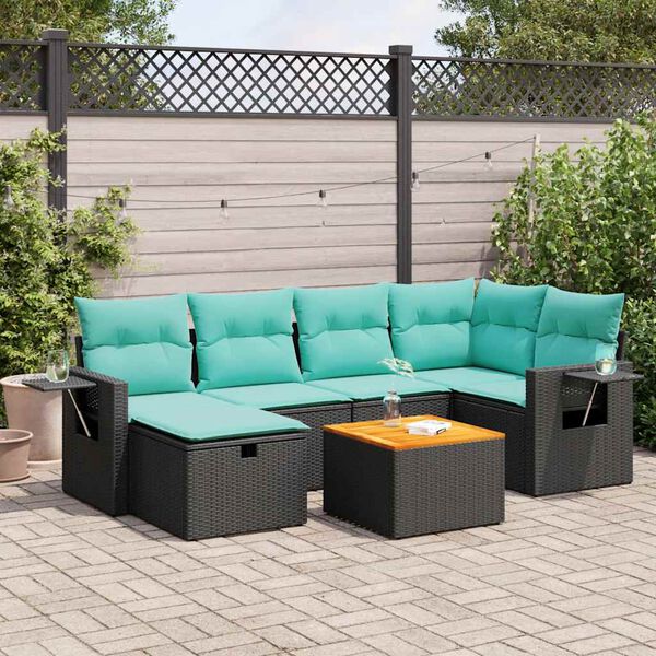 vidaXL 7 Piece Garden Sofa Set with Cushions Black Poly Rattan