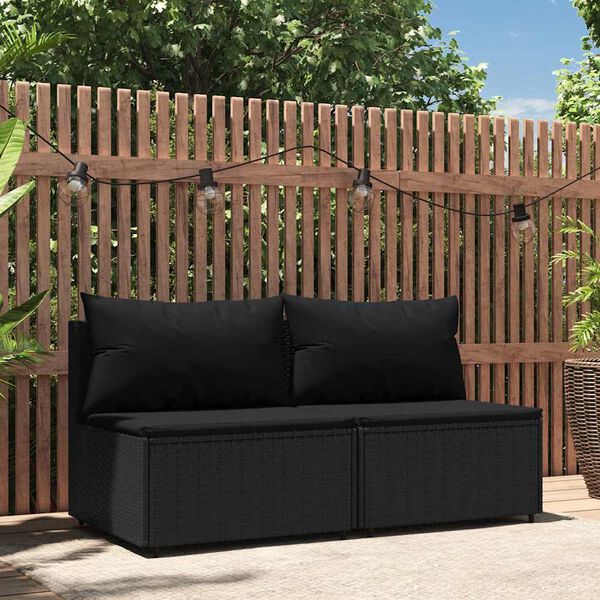 vidaXL Garden Middle Sofas with Cushions 2 pcs Black Poly Rattan