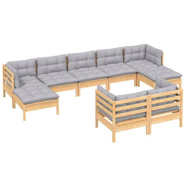vidaXL 9 Piece Garden Lounge Set with Grey Cushions Solid Pinewood