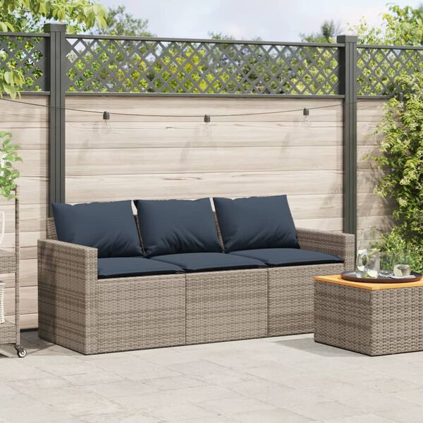vidaXL Garden Sofa with Cushions 3-Seater Grey Poly Rattan