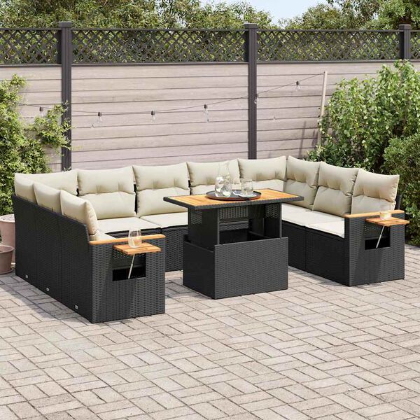 vidaXL 10 Piece Garden Sofa Set with Cushions Black Poly Rattan Acacia