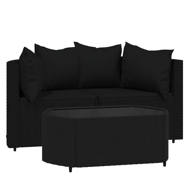 vidaXL 3 Piece Garden Lounge Set with Cushions Black Poly Rattan