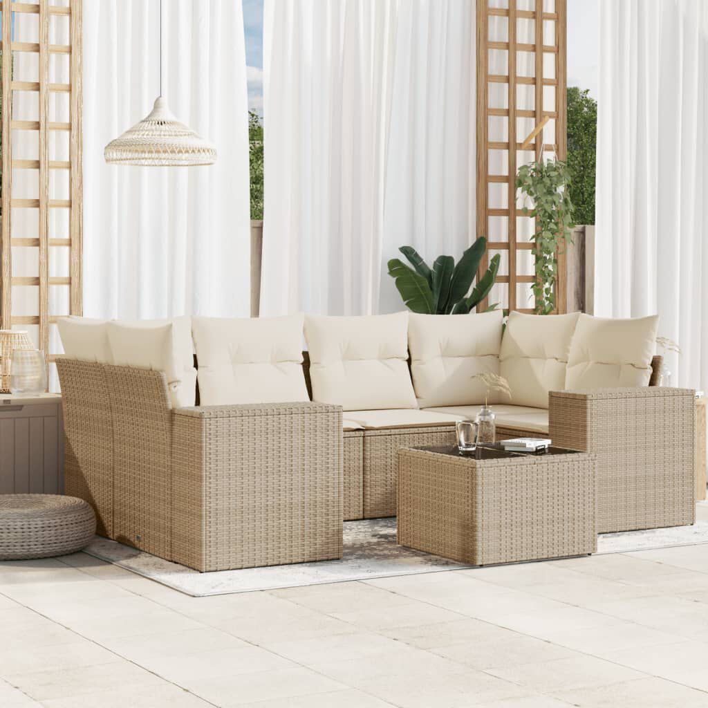 vidaXL 7 Piece Garden Sofa Set with Cushions Beige Poly Rattan