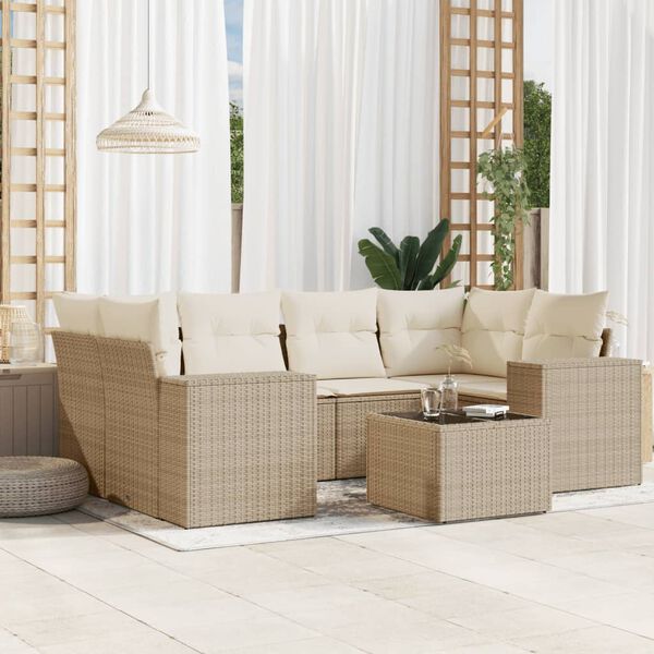 vidaXL 7 Piece Garden Sofa Set with Cushions Beige Poly Rattan
