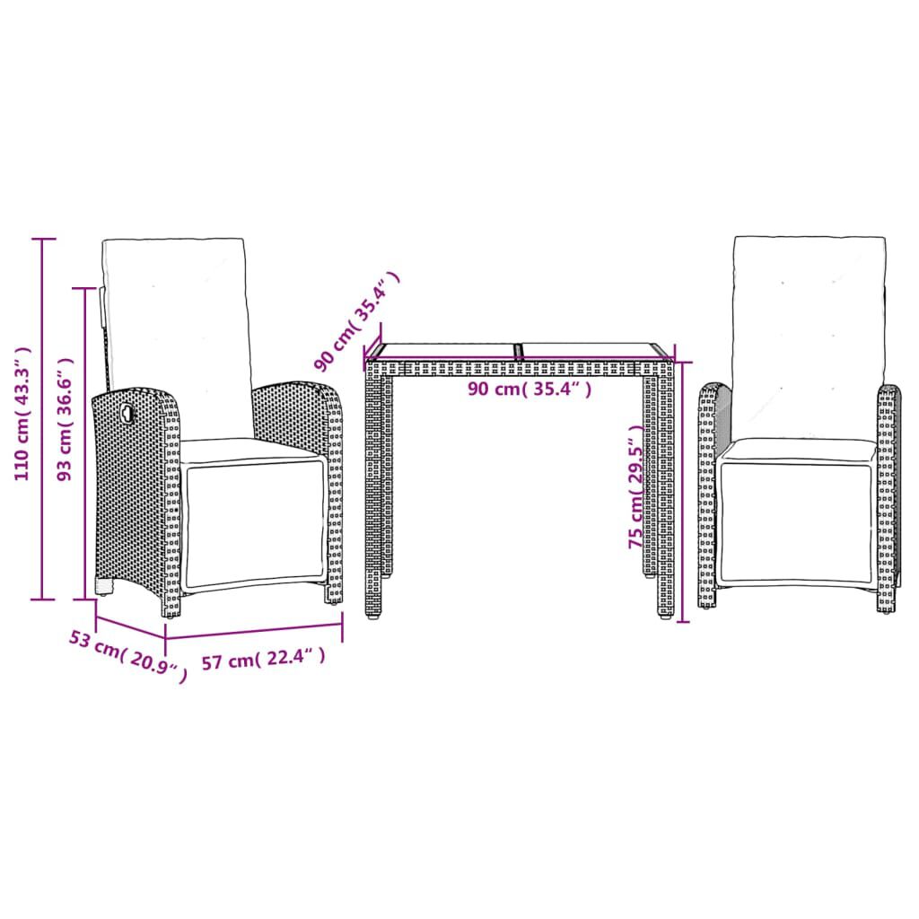 vidaXL 3 Piece Bistro Set with Cushions Grey Poly Rattan