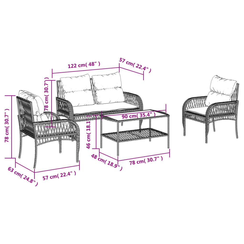 vidaXL 4 Piece Garden Sofa Set with Cushions Brown Poly Rattan