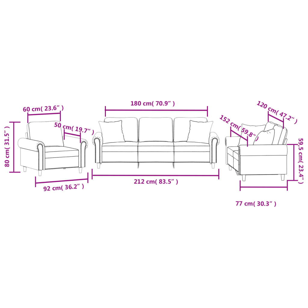 vidaXL 3 Piece Sofa Set with Pillows Light Grey Velvet