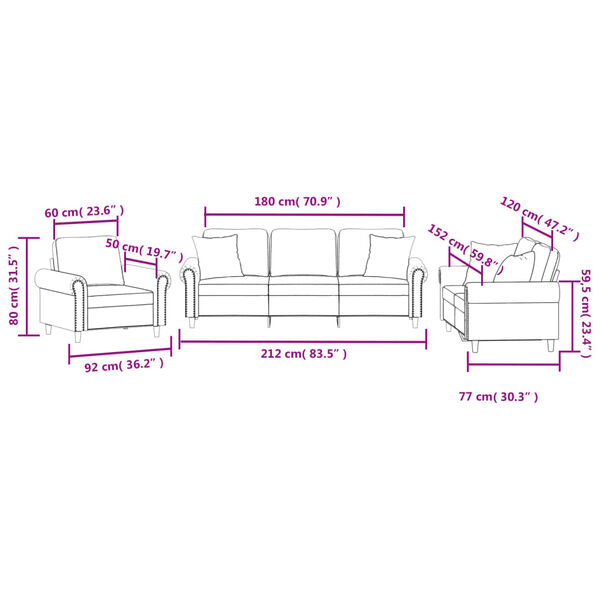 vidaXL 3 Piece Sofa Set with Pillows Light Grey Velvet