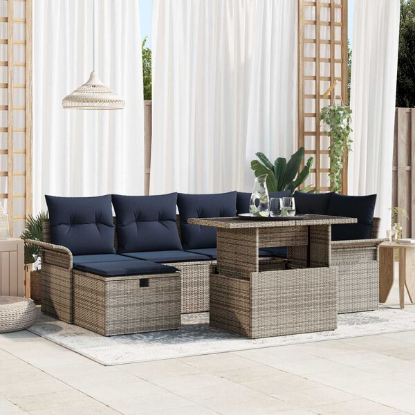 vidaXL Garden Sofa Set with Cushion 7 pcs Grey Poly rattan
