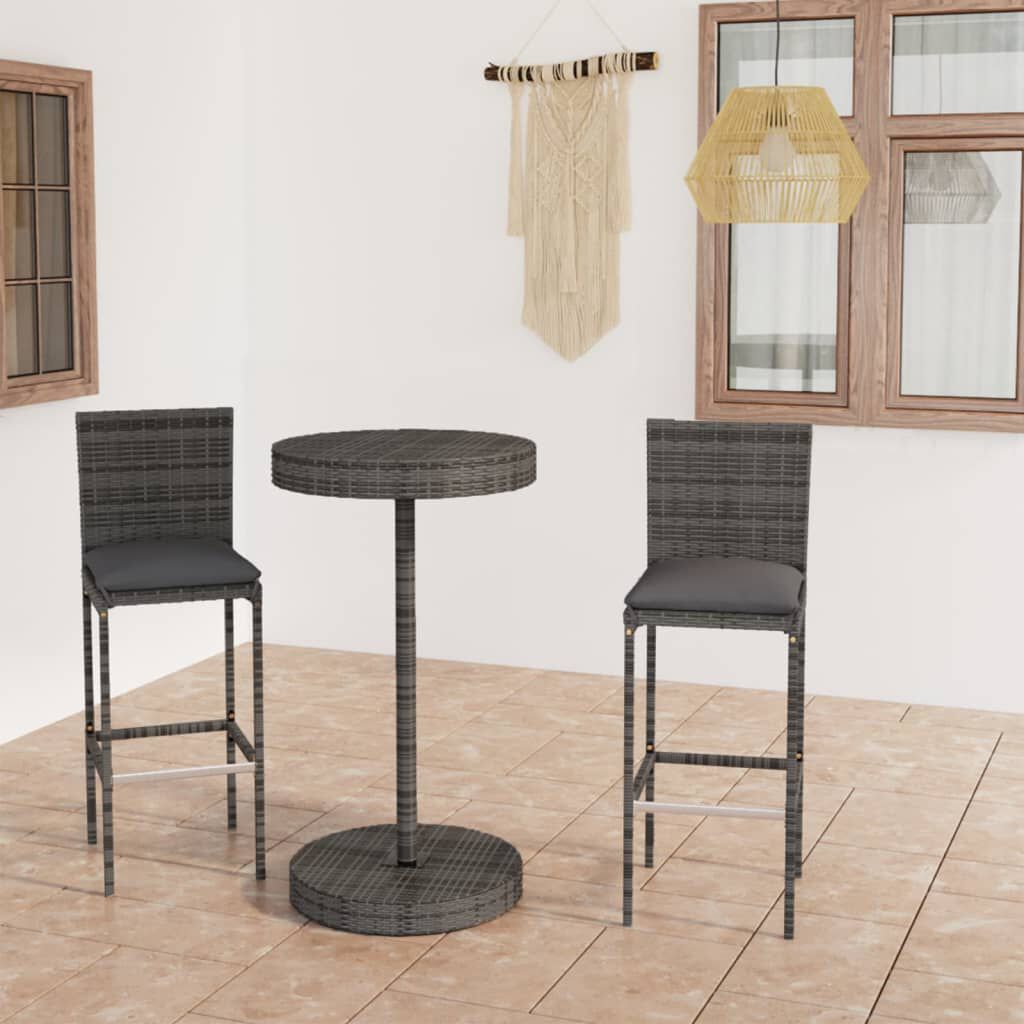 vidaXL 3 Piece Garden Bar Set with Cushions Poly Rattan Grey