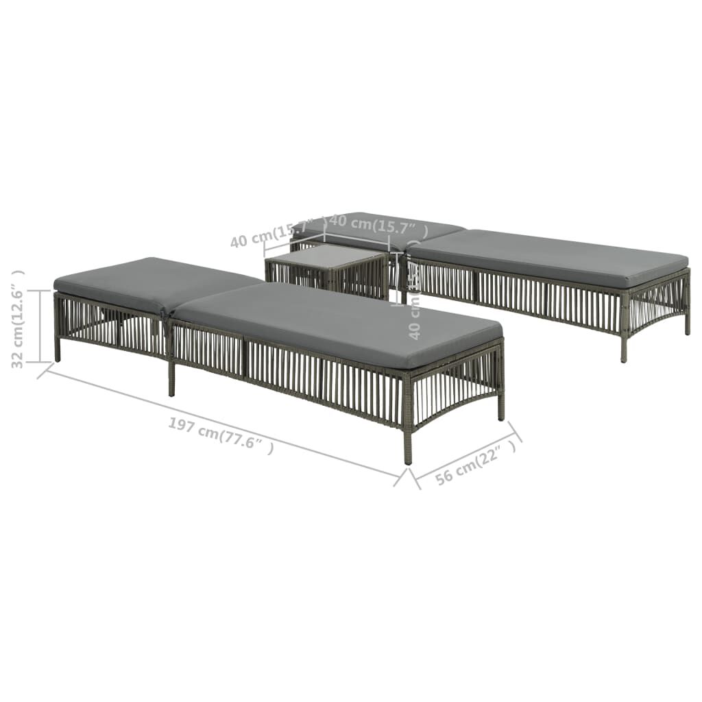 vidaXL Sunloungers 2 pcs with Table Poly Rattan Grey