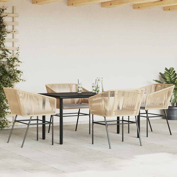 vidaXL 5 Piece Garden Dining Set with Cushions Brown Poly Rattan Glass