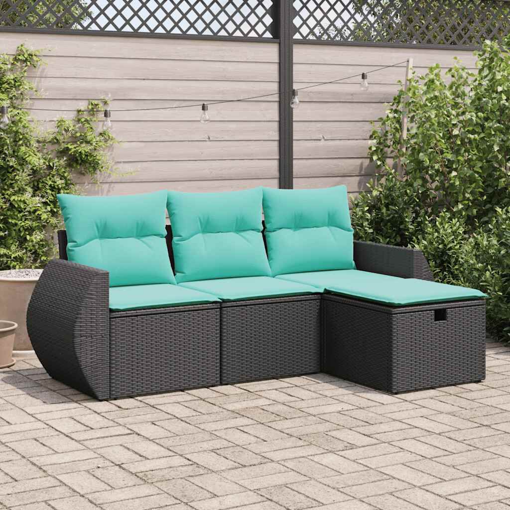 vidaXL 4 Piece Garden Sofa Set with Cushions Black Poly Rattan