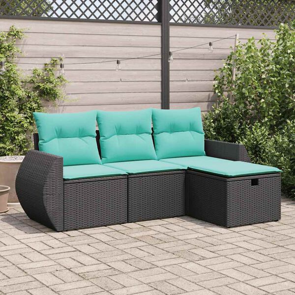 vidaXL 4 Piece Garden Sofa Set with Cushions Black Poly Rattan