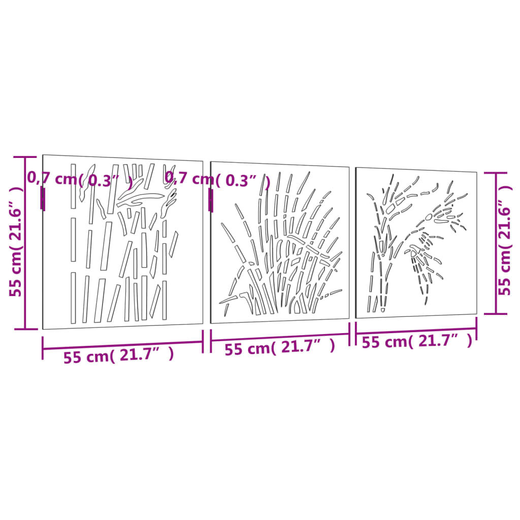vidaXL Garden Wall Decorations 3 pcs 55x55 cm Corten Steel Grass Design