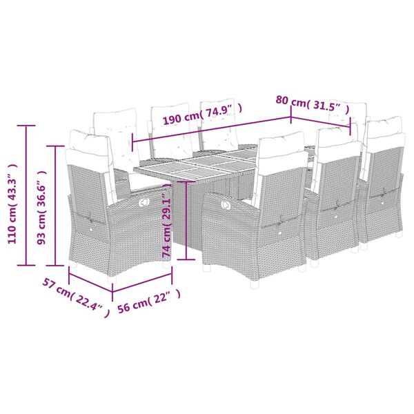 vidaXL 9 Piece Garden Dining Set with Cushions Grey Poly Rattan