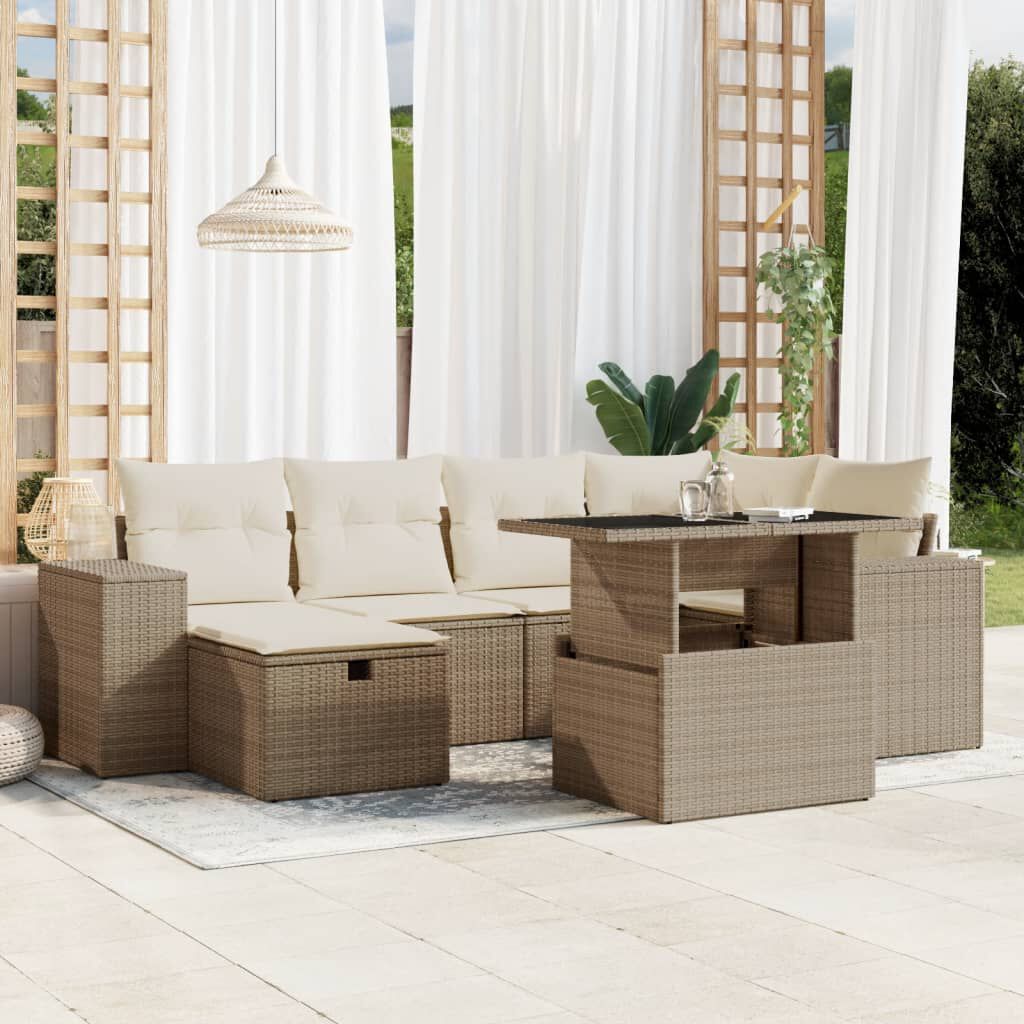 vidaXL 7 Piece Garden Sofa Set with Cushions Beige Poly Rattan
