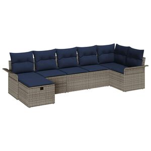 vidaXL Garden Sofa Set with Cushion 7 pcs Grey and Navy Poly Rattan
