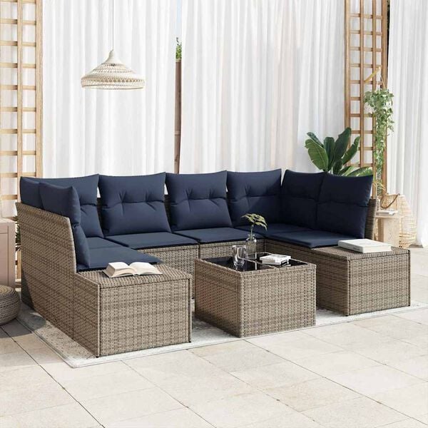 vidaXL Sofa Set with Cushion 7 pcs Grey Poly Rattan