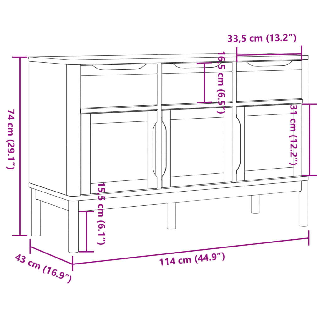vidaXL Sideboard FLORO Grey 114x43x74 cm Solid Wood Pine