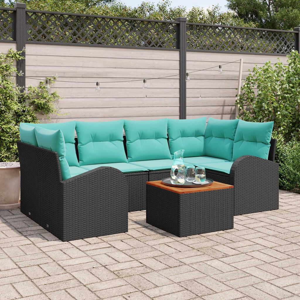 vidaXL 7 Piece Garden Sofa Set with Cushions Black Poly Rattan Acacia