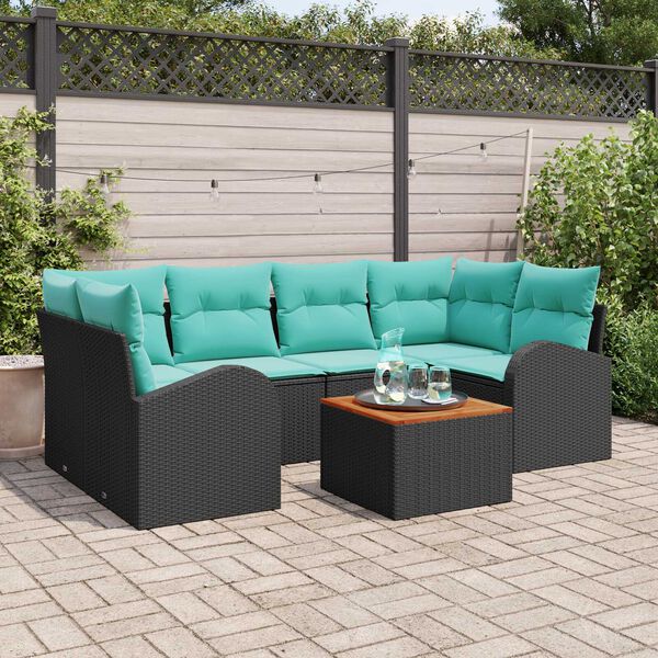 vidaXL 7 Piece Garden Sofa Set with Cushions Black Poly Rattan Acacia
