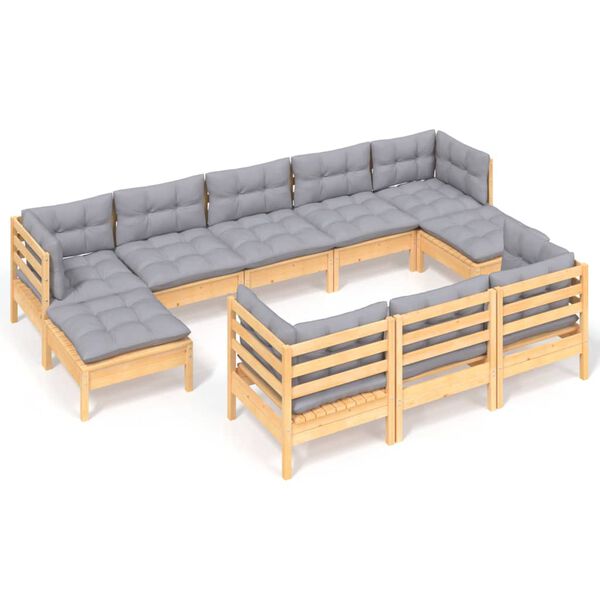 vidaXL 10 Piece Garden Lounge Set with Grey Cushions Solid Pinewood