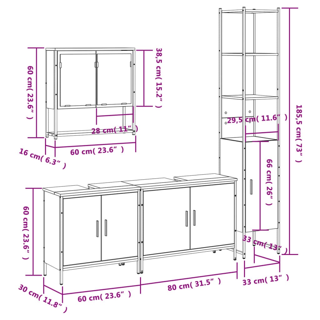 vidaXL 4 Piece Bathroom Furniture Set Smoked Oak Engineered Wood