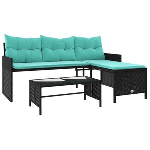 vidaXL Garden Sofa with Table and Cushions L-Shaped Black Poly Rattan