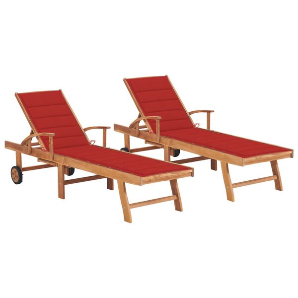 vidaXL Sun Loungers 2 pcs with Red Cushion Solid Teak Wood