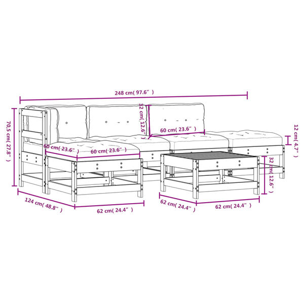vidaXL 6 Piece Garden Lounge Set with Cushions White Solid Wood
