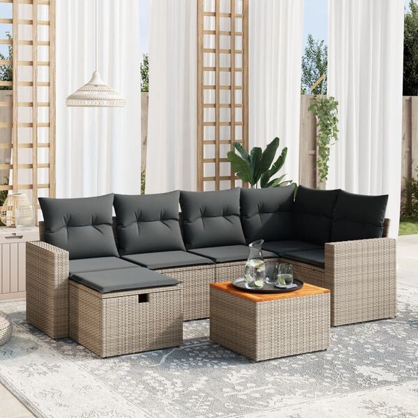 vidaXL 7 Piece Garden Sofa Set with Cushions Grey Poly Rattan