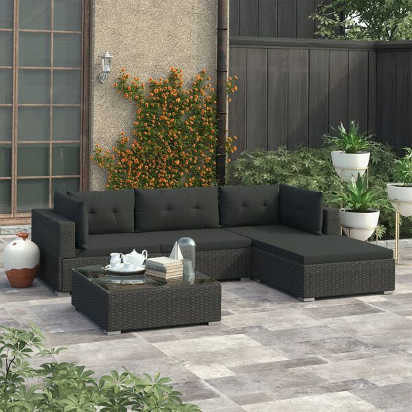 vidaXL 5 Piece Garden Lounge Set with Cushions Poly Rattan Black
