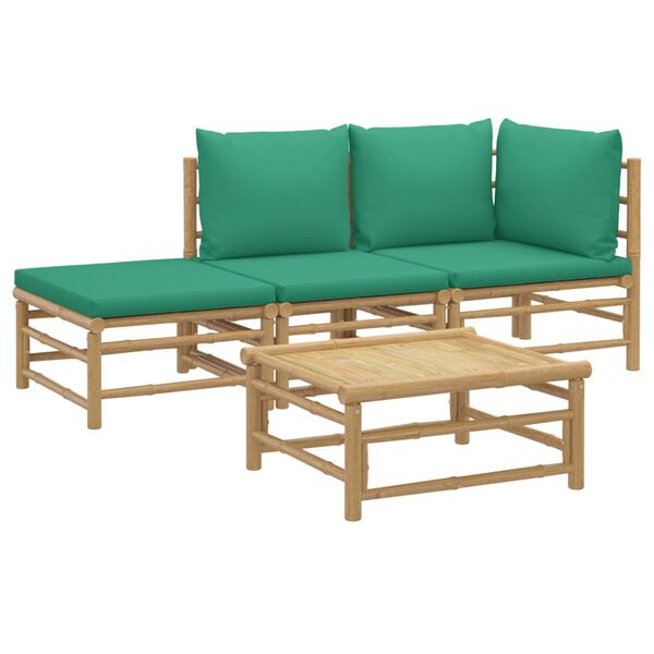 vidaXL 4 Piece Garden Lounge Set with Green Cushions Bamboo