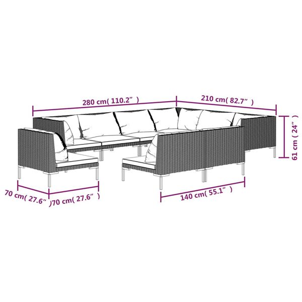 vidaXL 9 Piece Garden Lounge Set with Cushions Poly Rattan Dark Grey