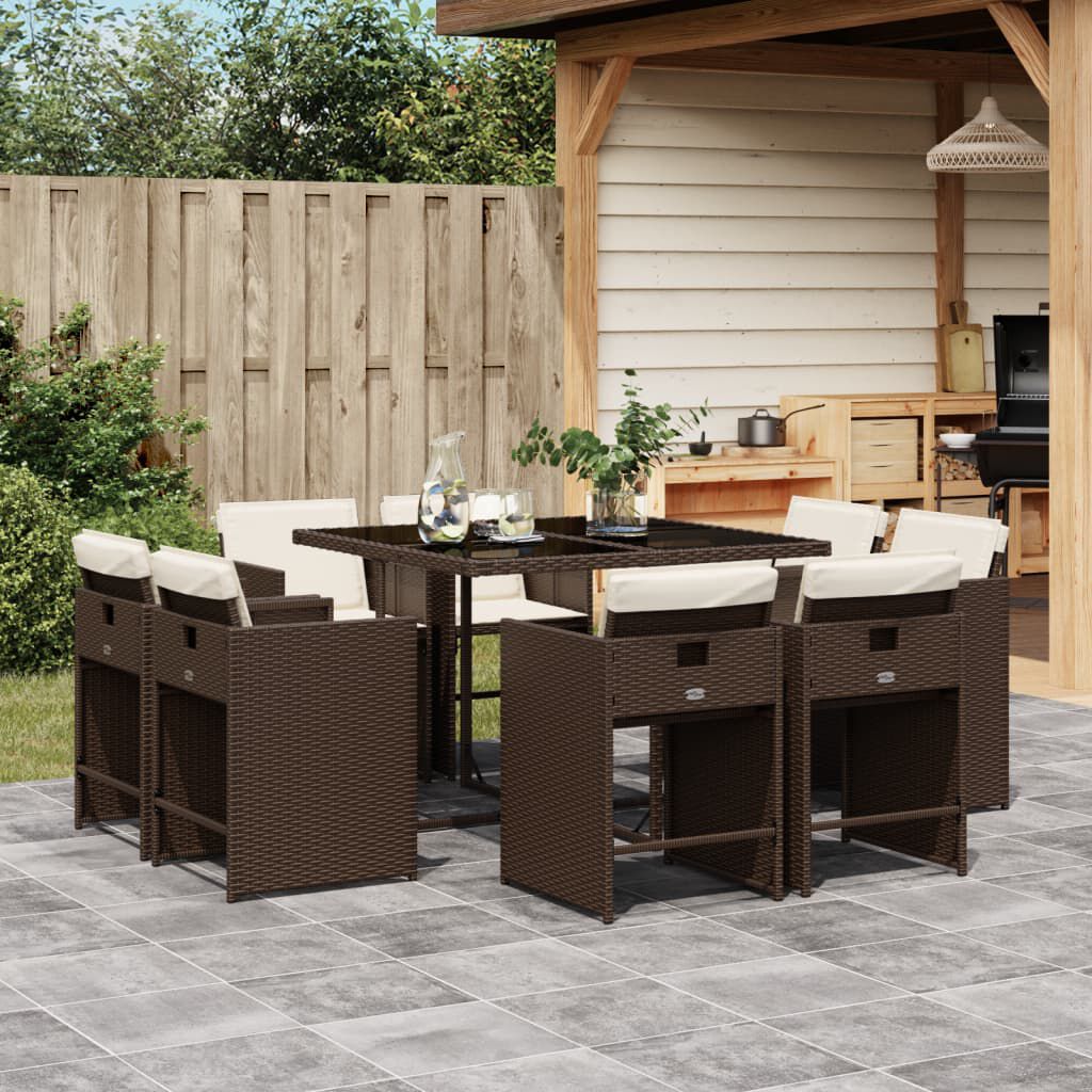 vidaXL 9 Piece Garden Dining Set with Cushions Brown Poly Rattan
