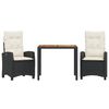 vidaXL 3 Piece Garden Dining Set with Cushions Black Poly Rattan