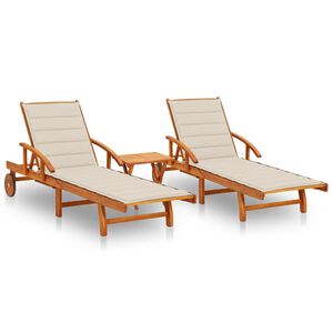 vidaXL Sun Loungers 2 pcs with Table and Cushions Solid Wood Acacia