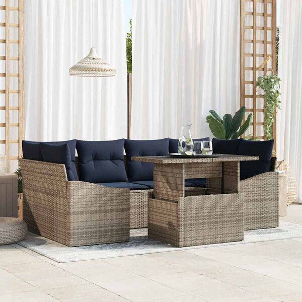 vidaXL Garden Sofa Set 7 pcs Grey and Navy Blue Poly rattan