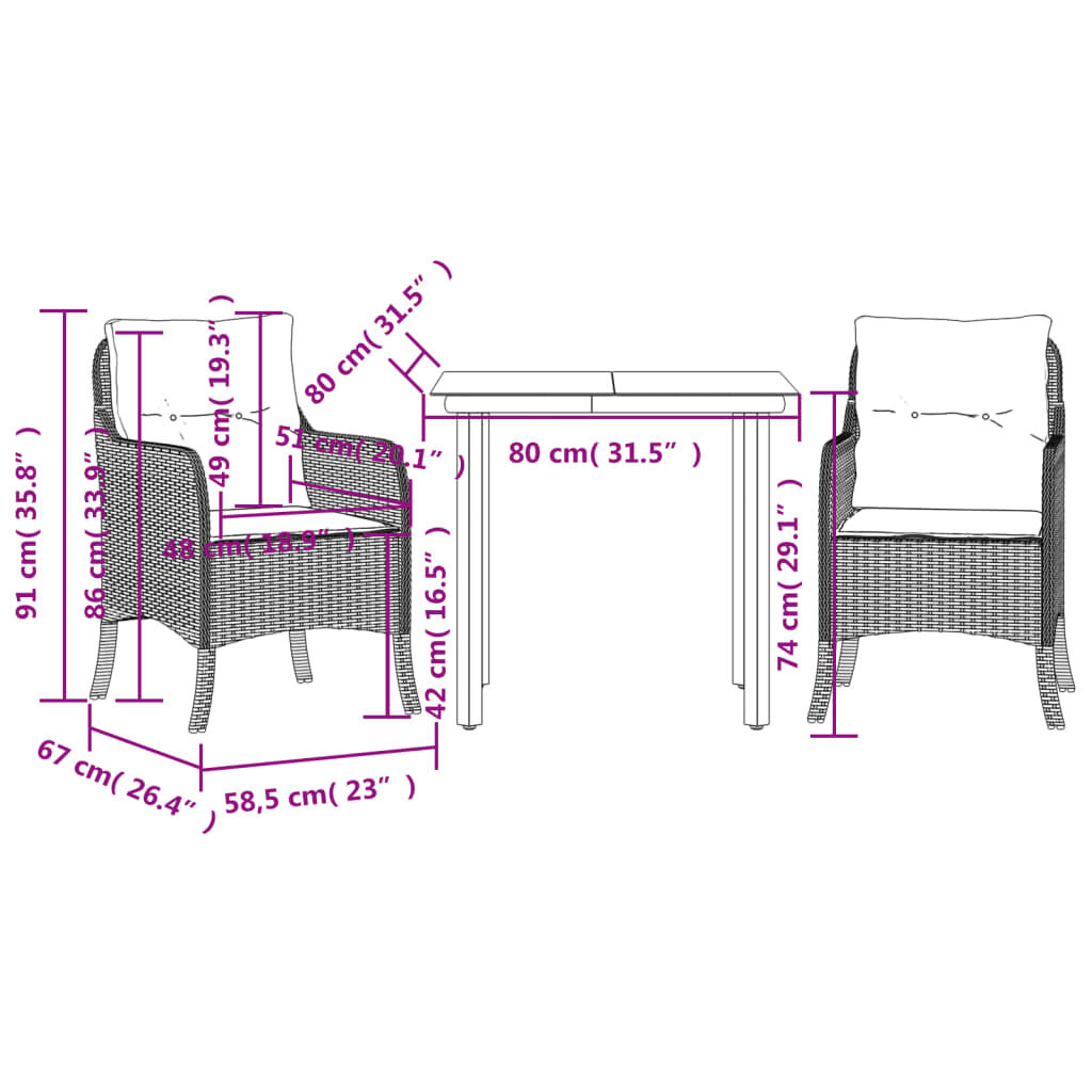 vidaXL 3 Piece Garden Dining Set with Cushions Brown Poly Rattan