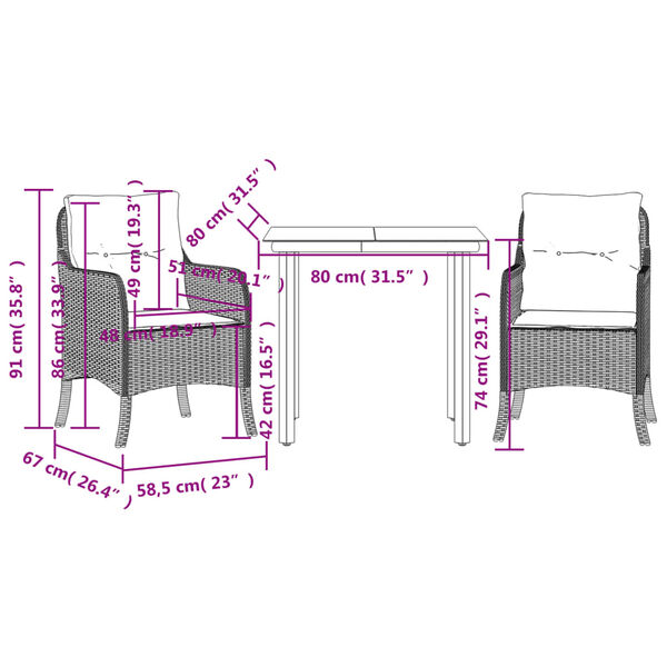 vidaXL 3 Piece Garden Dining Set with Cushions Brown Poly Rattan