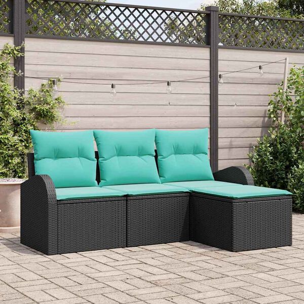 vidaXL Sofa Set with Cushion 4 pcs Black and Turquoise Poly Rattan