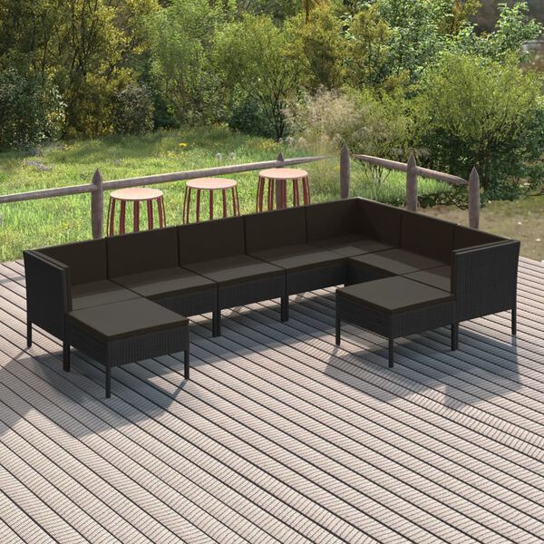 vidaXL 9 Piece Garden Lounge Set with Cushions Poly Rattan Black