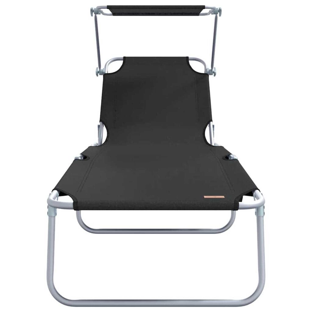 vidaXL Folding Sun Lounger with Canopy Steel and Fabric Black