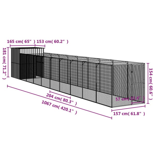 vidaXL Dog House with Run Anthracite 165x1067x181 cm Galvanised Steel