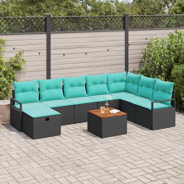 vidaXL 9 Piece Garden Sofa Set with Cushions Black Poly Rattan