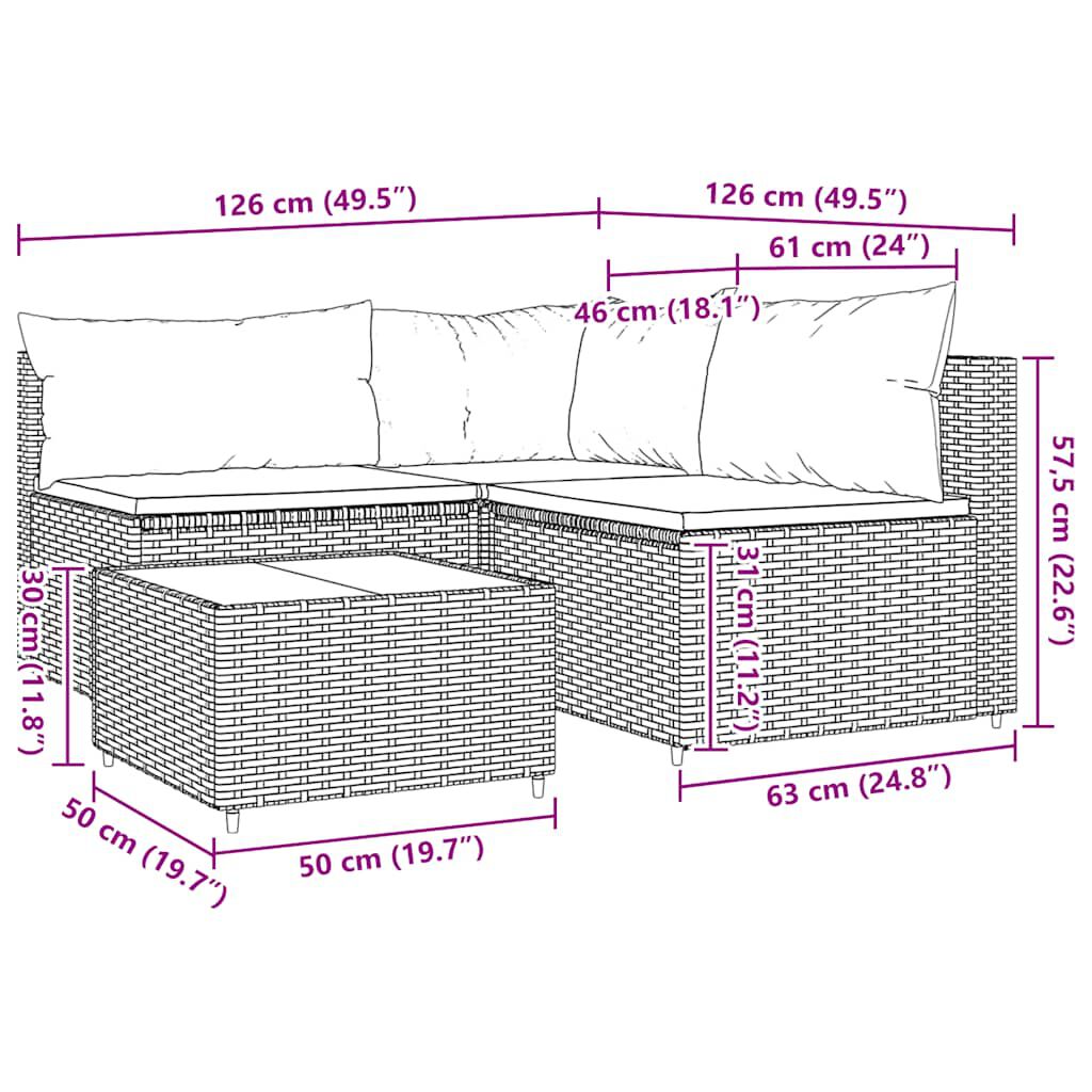 vidaXL 4 Piece Garden Lounge Set with Cushions Black Poly Rattan