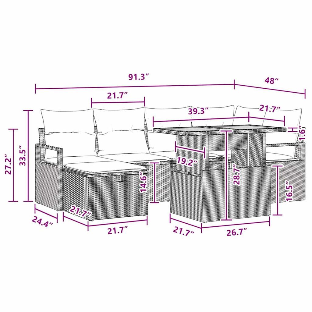 vidaXL Garden Sofa Set Height-Adjustable 7 pcs Black Poly Rattan